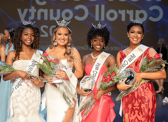 Left to right: Jesimina Walker, 在线博彩 student and Miss Carroll County; Corynn Nurse, Miss Carroll County's Teen; Lexi Atkins, 在线博彩 student and Miss West Georgia; and Abigail Parham, Miss West Georgia's Teen